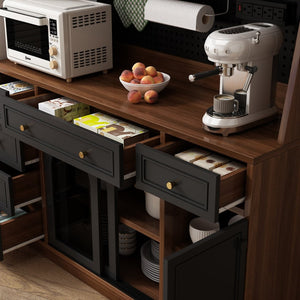 English Elm Freestanding Buffet Hutch with Glass Doors Six Drawers and Built in Power Outlet W5389S00002