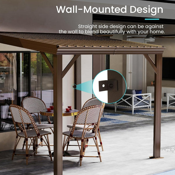 English Elm 8' 8 Ft Hardtop Lean to Pergola with Galvanized Steel Roof and Drainage for Patio Deck W1859S00190
