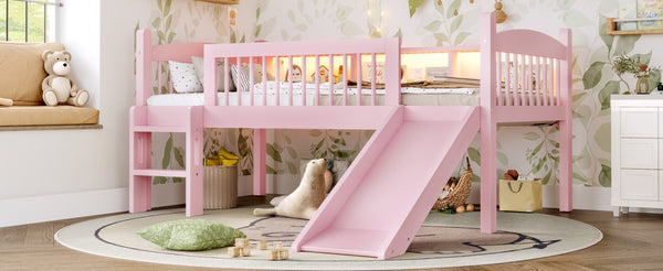 English Elm Twin Xl Solid Pine Loft Bed with Built-in Led Lighting and Storage Shelves Pink W1580S00365
