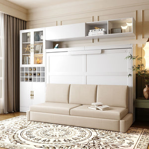 English Elm Full Size Murphy Wall Bed with Linen Sofa Integrated Shelving Usb Charging and Lighting LP000763AAK