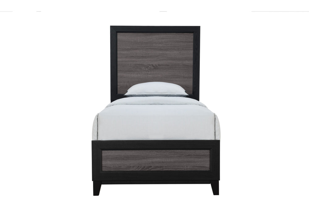 English Elm SOLUTO Twin Bed Frame in Black & Rustic Gray Wood Inlay – Solid Wood & MDF, Twin Slat Design B201P226200