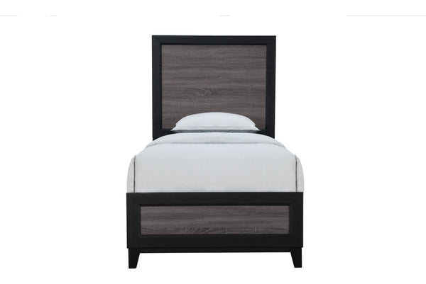 English Elm SOLUTO Twin Bed Frame in Black & Rustic Gray Wood Inlay – Solid Wood & MDF, Twin Slat Design B201P226200