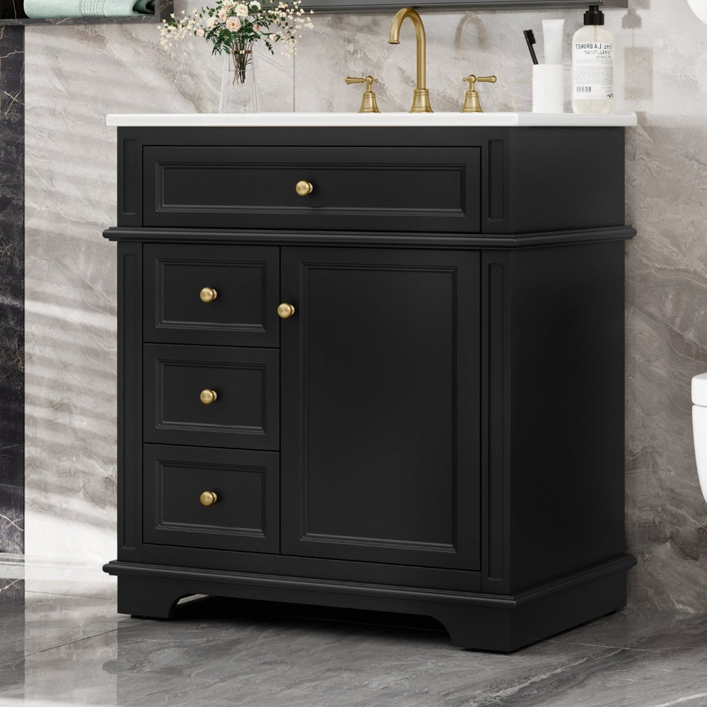 English Elm 30" Freestanding Bathroom Vanity Acacia Wood Matte Black Finish Gold Knobs Ceramic Sink N759P227429B