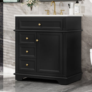 English Elm 30" Freestanding Bathroom Vanity Acacia Wood Matte Black Finish Gold Knobs Ceramic Sink N759P227429B