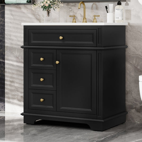 English Elm 30" Freestanding Bathroom Vanity Acacia Wood Matte Black Finish Gold Knobs Ceramic Sink N759P227429B