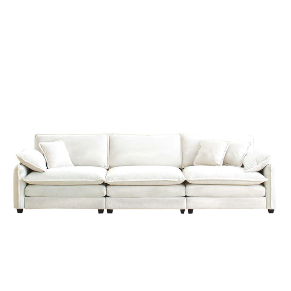 English Elm Mid-Century Modern 3-Seater Sectional Sofa In Beige Corduroy With Pillows For Stylish Comfort W714S00688