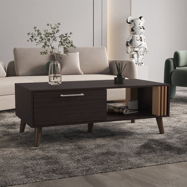 English Elm Coffee engineered wood coffee table on casters with single shelf, minimalist, durable, eco-friendly Black+ khaki 59.06 L x 47.2 W x 3.94 H B097P262373