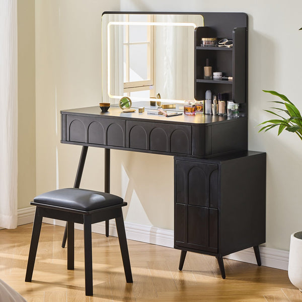 English Elm Modern Makeup Vanity Desk with Slide-Out Cabinet, LED Mirror, 4 Soft-Close Drawers & Cushioned Stool Black N844P257529B