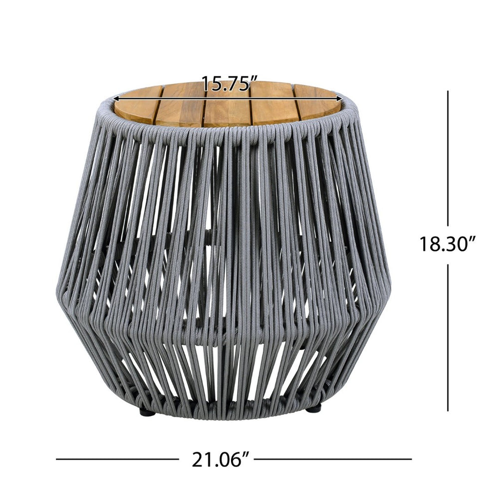 English Elm Acacia Wood Round Side Table Handwoven Rope Base Outdoor Coastal Boho Accent N770P380264G