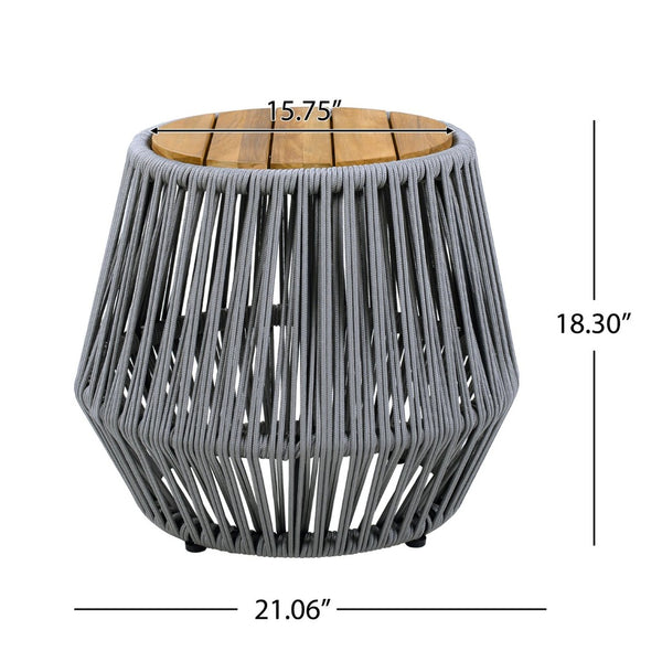 English Elm Acacia Wood Round Side Table Handwoven Rope Base Outdoor Coastal Boho Accent N770P380264G