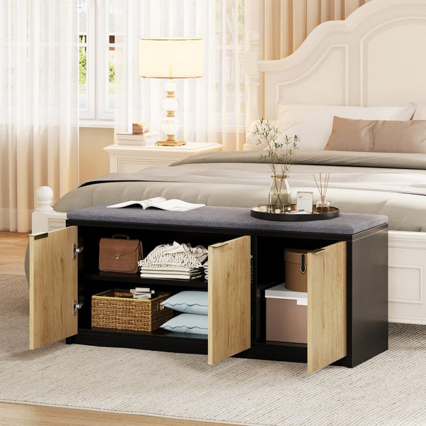 English Elm Vividwood Entryway Storage Bench Slatted Doors Padded Seat Modern Farmhouse Style T5618P505963