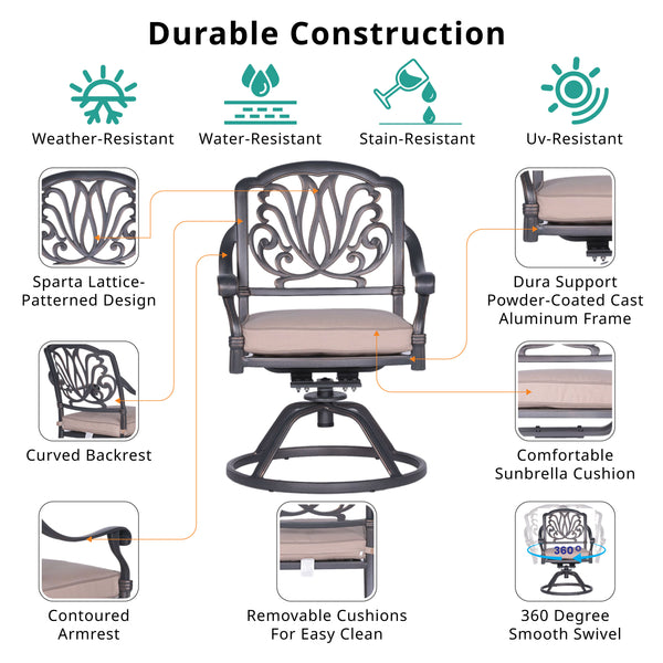 English Elm Patio Geneva Aluminum Swivel Rocker Dining Chairs Set of 2 with Sunbrella Cushions, Weatherproof Sand B01051465