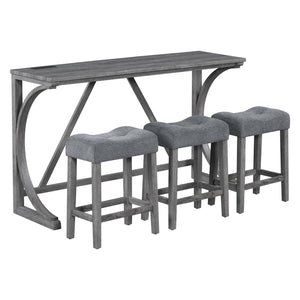 English Elm Bar Industrial Bar Table Set with Power Outlet and Upholstered Chairs, Space-Saving Dining Hub Gray W487P333507