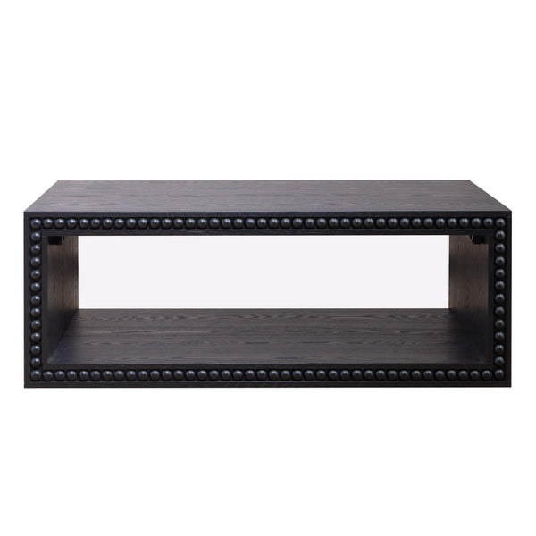 English Elm Black Beaded Edge Coffee Table | 47.6" Rectangular Matte Black Center Table with Open Shelf, Farmhouse Charm and Durable Crafted Trim W2729P309448