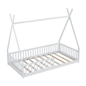 English Elm Twin House Bed with Roof and Fence for Kids – Sturdy Pine Frame, Vintage Wash Design, Safe Sleep Space White N709P183348K