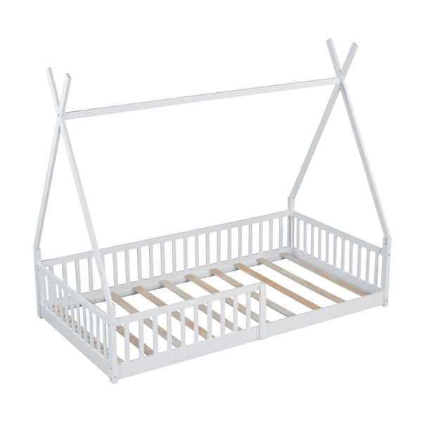 English Elm Twin House Bed with Roof and Fence for Kids – Sturdy Pine Frame, Vintage Wash Design, Safe Sleep Space White N709P183348K