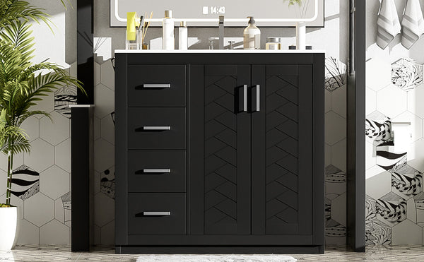English Elm 36'' Bathroom Vanity with Ceramic Sink Combo, Solid Wood Frame, Soft-Close Drawers and Stylish Retro Groove Design Black N710P291684B