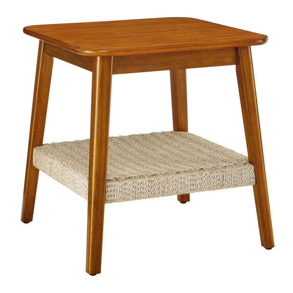 English Elm 23" Mid-Century Side Table with Woven Rattan Shelf, Walnut Finish, Solid Wood Legs, Boho Storage Accent Piece W1801109588