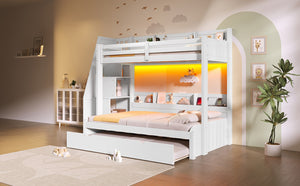 English Elm Twin Over Full Bunk Bed with Stair Drawers Shelves Led Lighting and Usb Port White N7090005013K