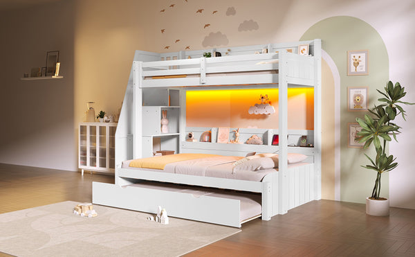 English Elm Twin Over Full Bunk Bed with Stair Drawers Shelves Led Lighting and Usb Port White N7090005013K