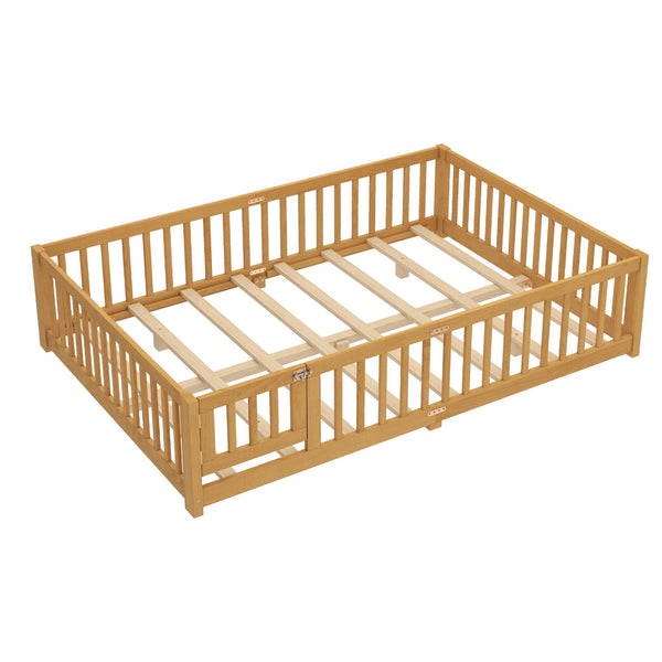 English Elm Queen Kids Floor Bed with Safety Guardrails and Door for Independent Sleep, Pine Frame, 82.7"x62.6" Natural W1580P338954