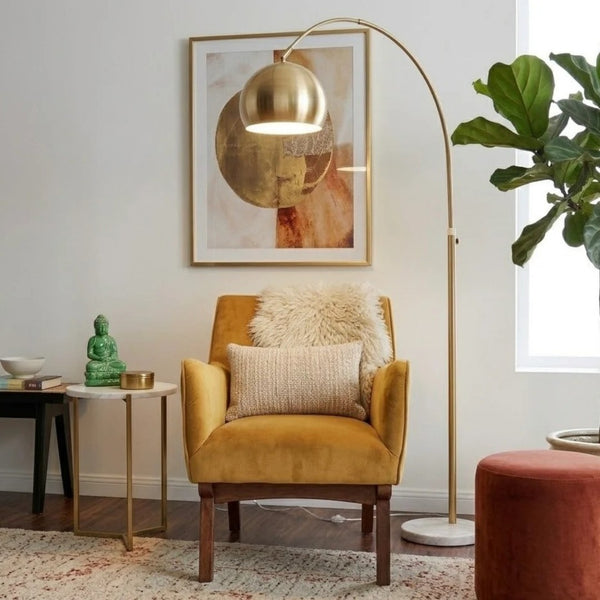 English Elm Oasis Sculptural Brass Arm Floor Lamp with Adjustable Head and White Marble Base B183P231747