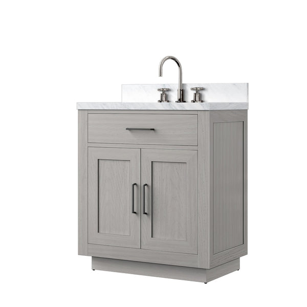 English Elm White Oak Single Bath Vanity With Carrara Marble Top, Chrome Gooseneck Faucet, And Soft-Close Drawers B2731P257663-GIGA