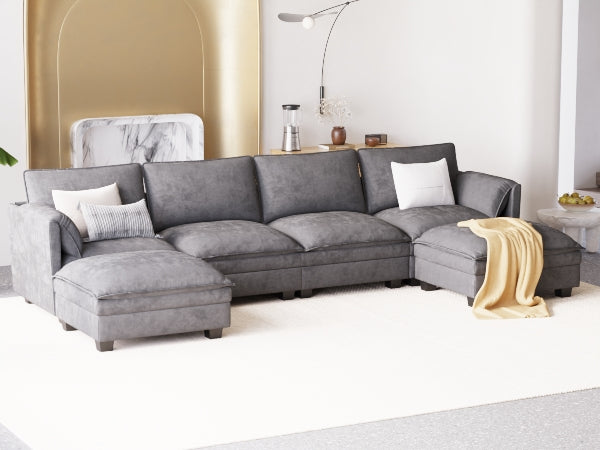 English Elm 141.5'' Modern U-Shaped 6-Seater Sofa Couch With Movable Ottoman & Armrest Pockets For Versatile Living W680S00043