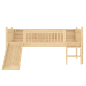 English Elm Twin Low Loft Bed Solid Pine Frame with Built-in Led Lighting and Storage Shelves Natural W1580P395930