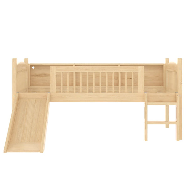 English Elm Twin Low Loft Bed Solid Pine Frame with Built-in Led Lighting and Storage Shelves Natural W1580P395930