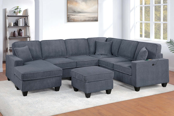 English Elm Dark Corduroy U-shaped Sectional Set with Usb Charging Ottoman and Plush Cushions Dark Gray B011S02191