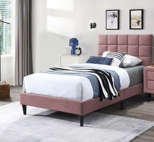 English Elm Pink Linen Twin Bed with Biscuit Tufted Adjustable Headboard for Elegant Bedroom Style B011P415820