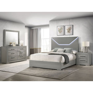 English Elm Pierce Queen Bedroom Set with Led Headboard Diamond Embossed High Gloss Finish Grey B062S01734