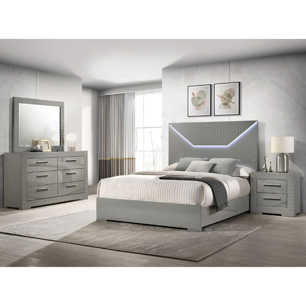 English Elm Pierce Queen Bedroom Set with Led Headboard Diamond Embossed High Gloss Finish Grey B062S01734