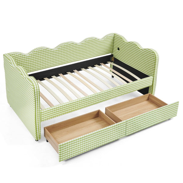 English Elm Twin Gingham Linen Daybed with Wave Silhouette Usb Port and Dual Storage Drawers Green W1413S00143