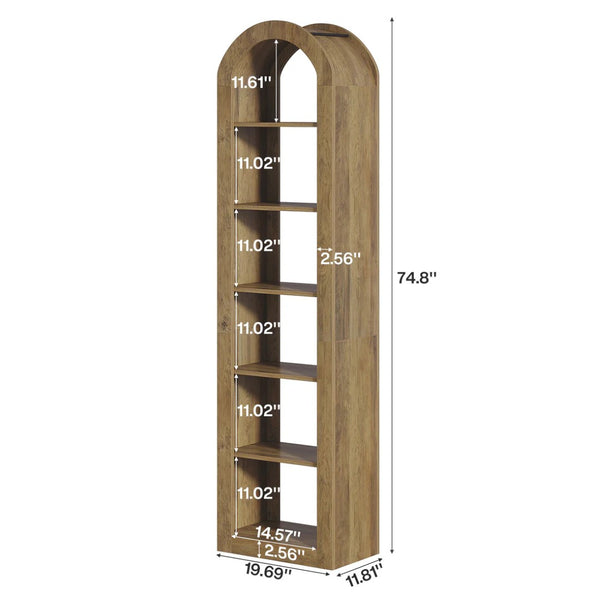 English Elm Open Arched Bookcase Six Tier Slim Natural Wood Finish Display Shelf for Any Room T3971P462366
