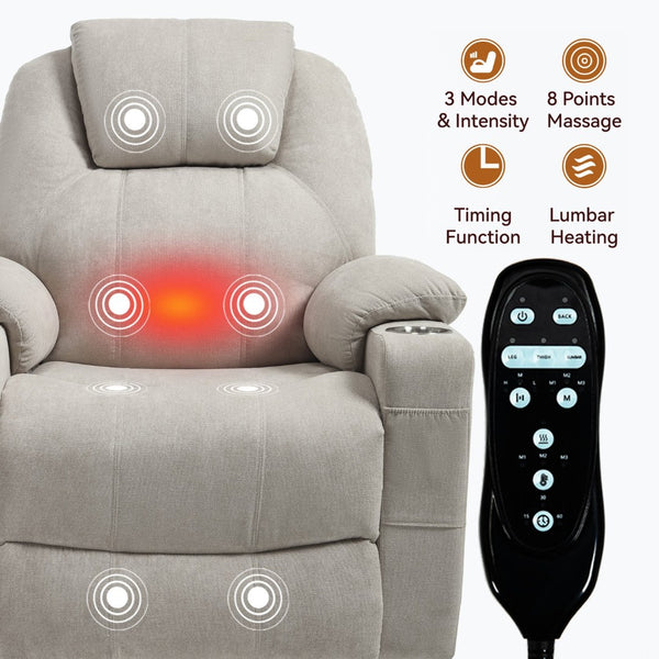 English Elm Up to 350 Lbs Chenille Power Lift Recliner with Massage Heating and Usb Charging Ports Beige W3224S00027