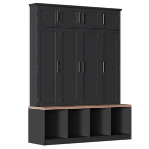 English Elm Farmhouse Hall Tree with Triple Arch Back Panel Eight Hooks Drawers and Entryway Bench Black N721S000059B-1