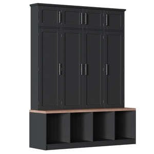 English Elm [Assembly Video] Farmhouse Hall Tree with Walnut Bench, 8-Door Shoe Cabinet, 4 Hooks & Open Storage Organizing Entryway Black N721S000059B