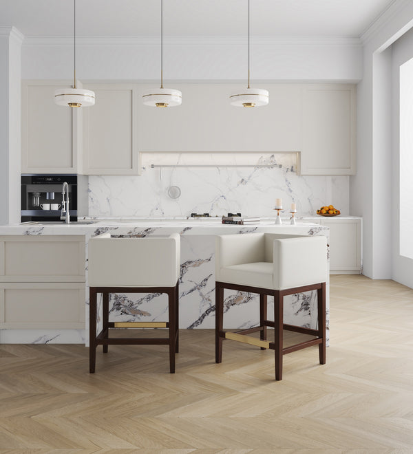 English Elm Kingsley Wood Upholstered Counter Stool with Foam Padding, Beech Wood Walnut Finish & Gold Footrest Ivory B365P398437