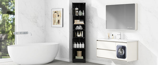 English Elm Multi-Functional Corner Cabinet Tall Trapezoid Bathroom Storage with Adjustable Shelves, Doors, Anti-Dump Device Black WF530911AAB