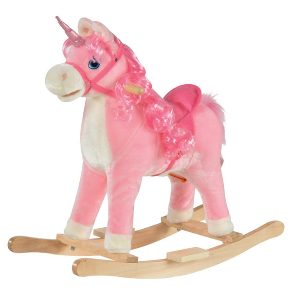 English Elm Qaba Plush Unicorn Rocking Horse with Solid Wood Base Wagging Tail and Fun Sounds W2225P229172