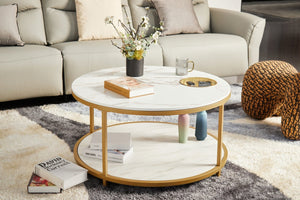 English Elm Round Coffee Table Antique Wood Finish Two Tier Open Shelf Modern Living Room White W1911P371884