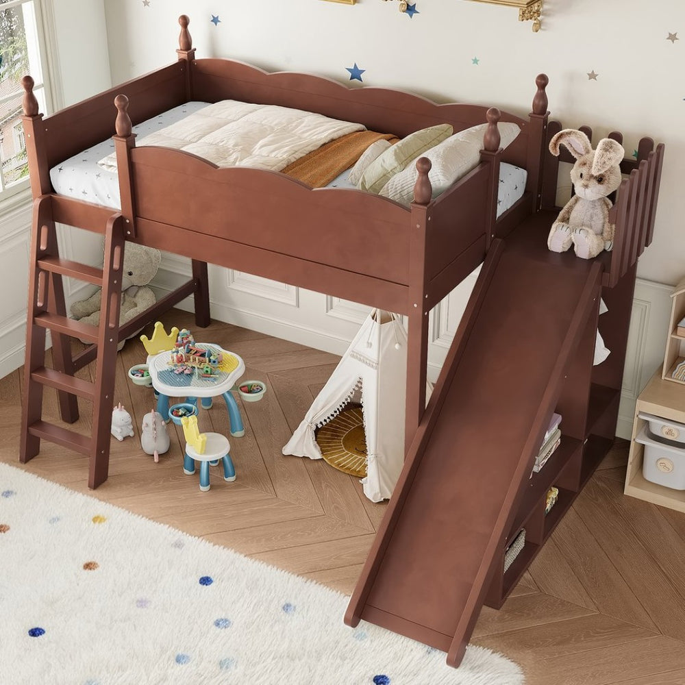 English Elm Twin Loft Bed Solid Pine Frame with Wardrobe Shelving Detachable Slide Kids Room Antique Natural W5305S00020