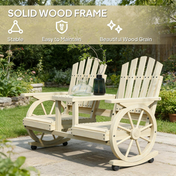 English Elm Stable Outdoor Fir Wood Bench with Wagon Wheel Legs and Built in Center Table T3971P446216