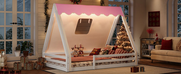 English Elm Twin Montessori Floor Bed Solid Pine Teepee Frame with Guardrails and Canopy Light White+Pink W1580P369467