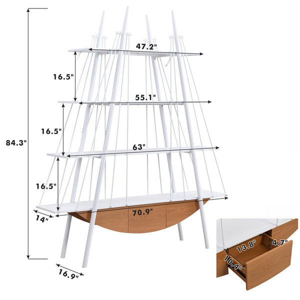English Elm Sailboat-Inspired Industrial 4-Tier Bookshelf with Drawer — Nautical MDF & Metal Display Rack for Home Decor White W2317P253454