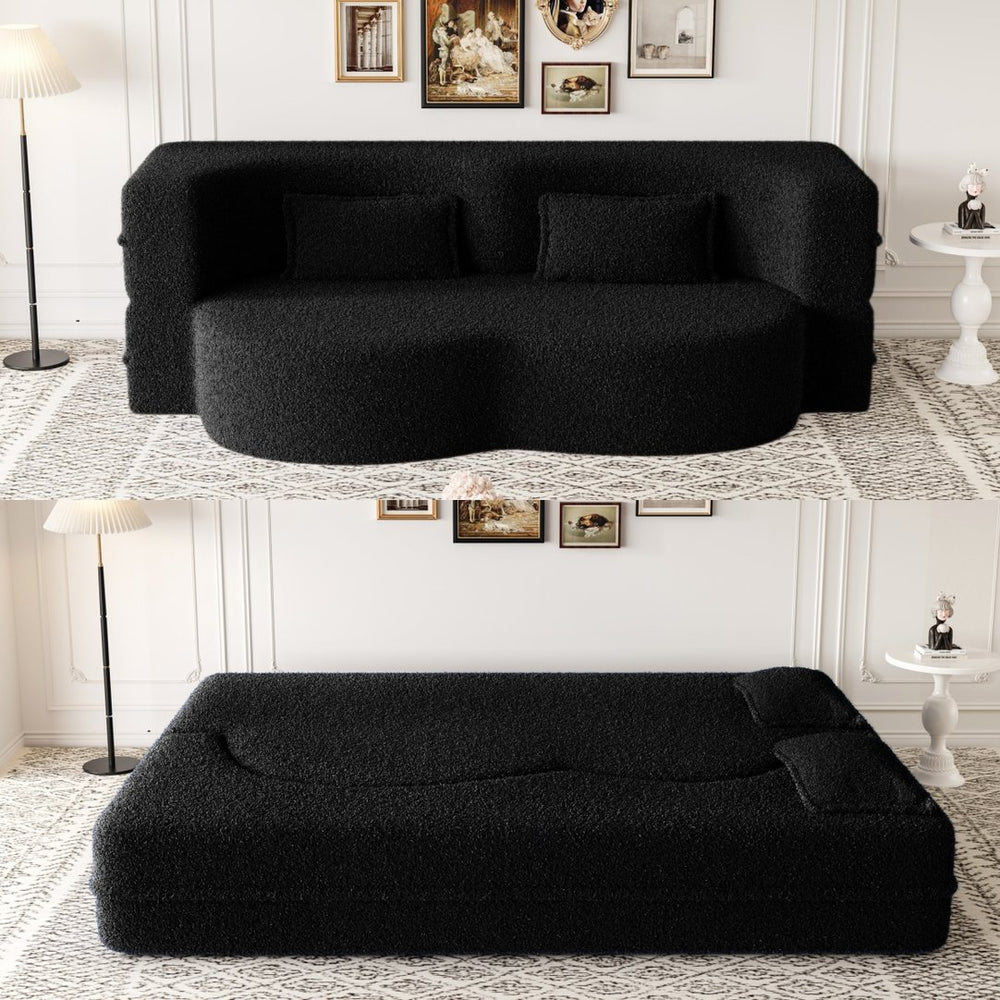 English Elm Modern Full Size Folding Sofa Bed with Teddy Fabric, 15" Foam Sleeper, Removable Covers & 2 Pillows for Guests Black W1885P308288