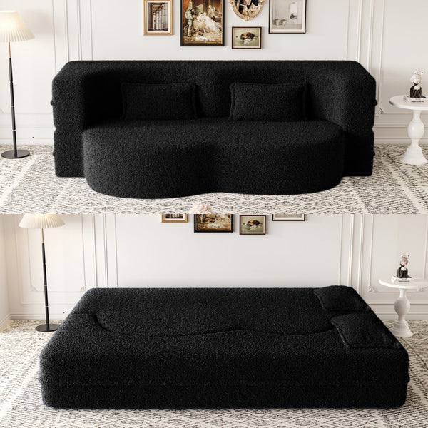English Elm Modern Full Size Folding Sofa Bed with Teddy Fabric, 15" Foam Sleeper, Removable Covers & 2 Pillows for Guests Black W1885P308288