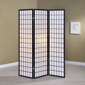 English Elm Porch 3-Panel Shoji Room Divider Screen with Warm Wood Grain, Lightweight Paper Panels, Minimalist Light Diffuser Black B062P331076